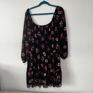 TRIXX Black Floral Print‎ Square Neck Tiered Mini Dress Plus Size 1X